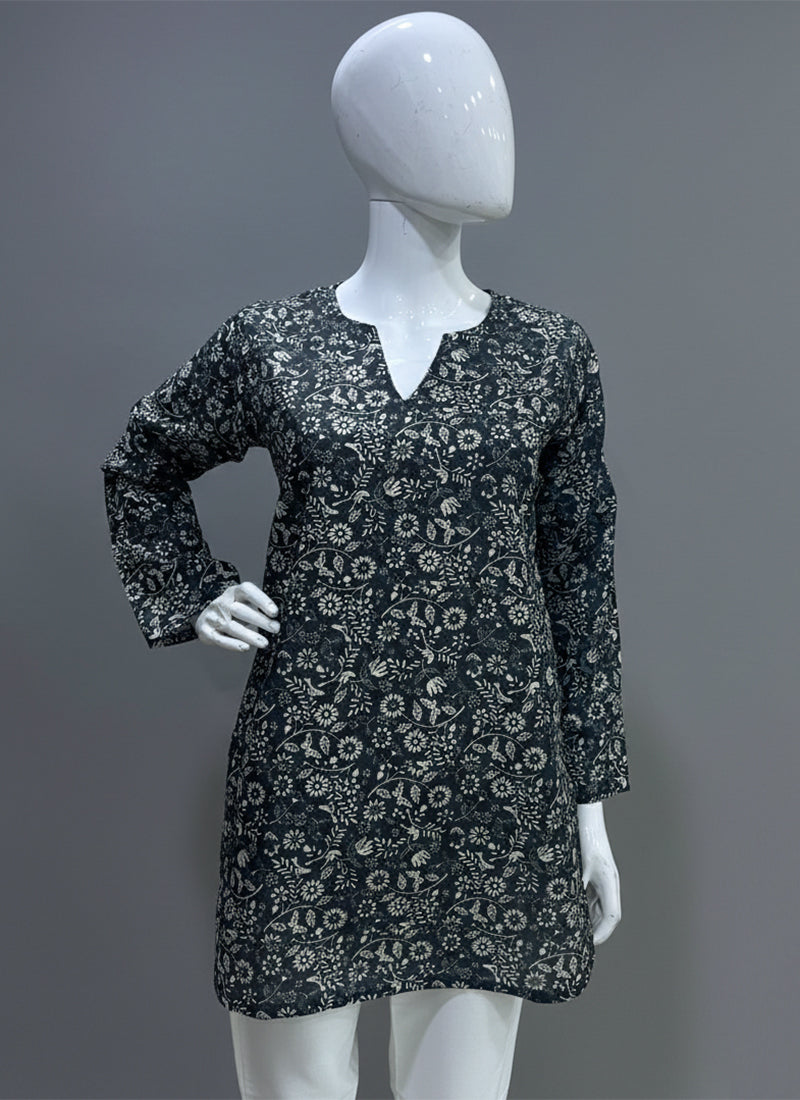 Black Botanical Printed Muslin Casual Short Kurti