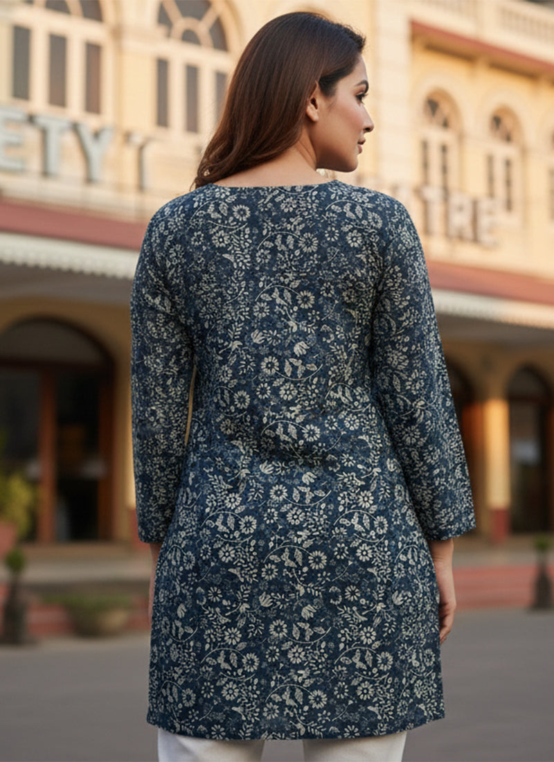 Black Botanical Printed Muslin Casual Short Kurti