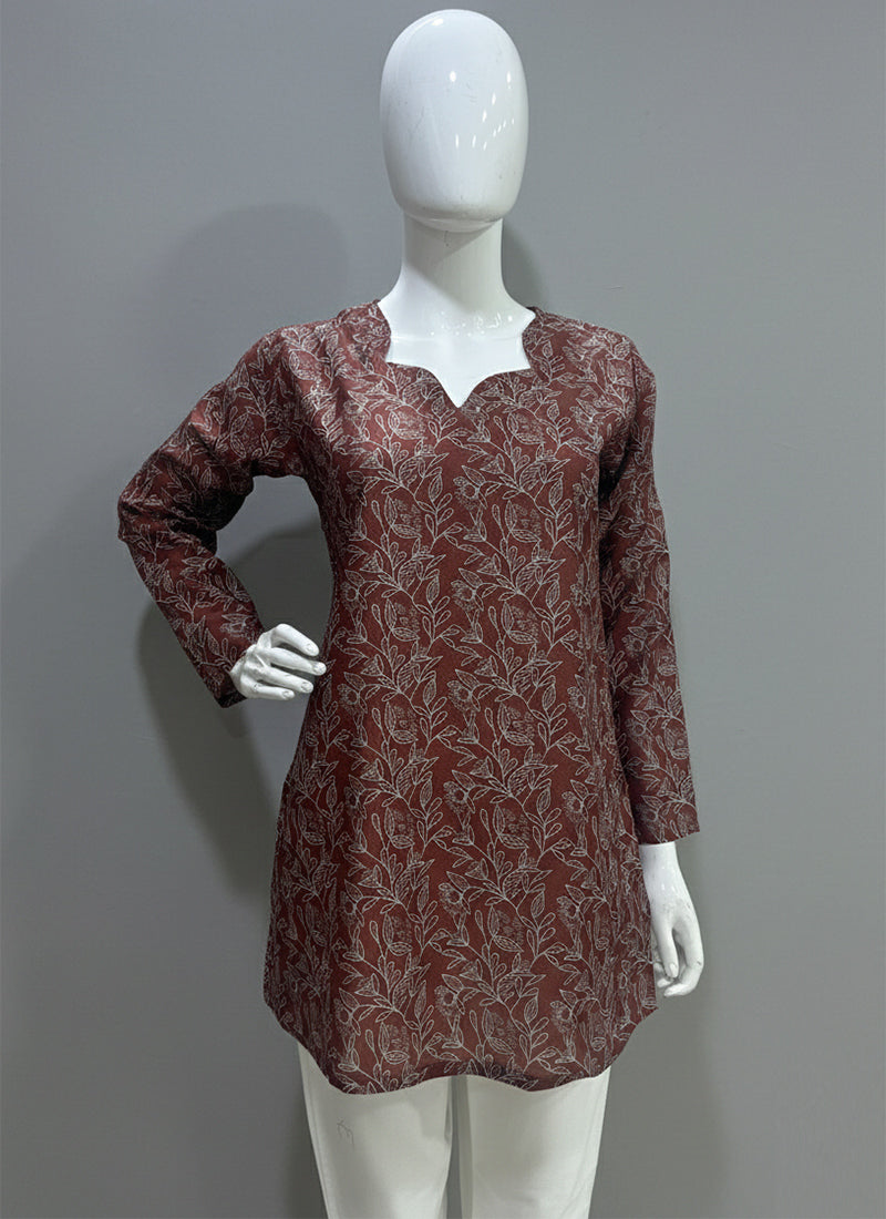 Brown Leaf Printed Muslin Casual Short Kurti