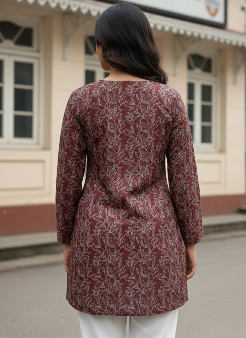 Brown Leaf Printed Muslin Casual Short Kurti