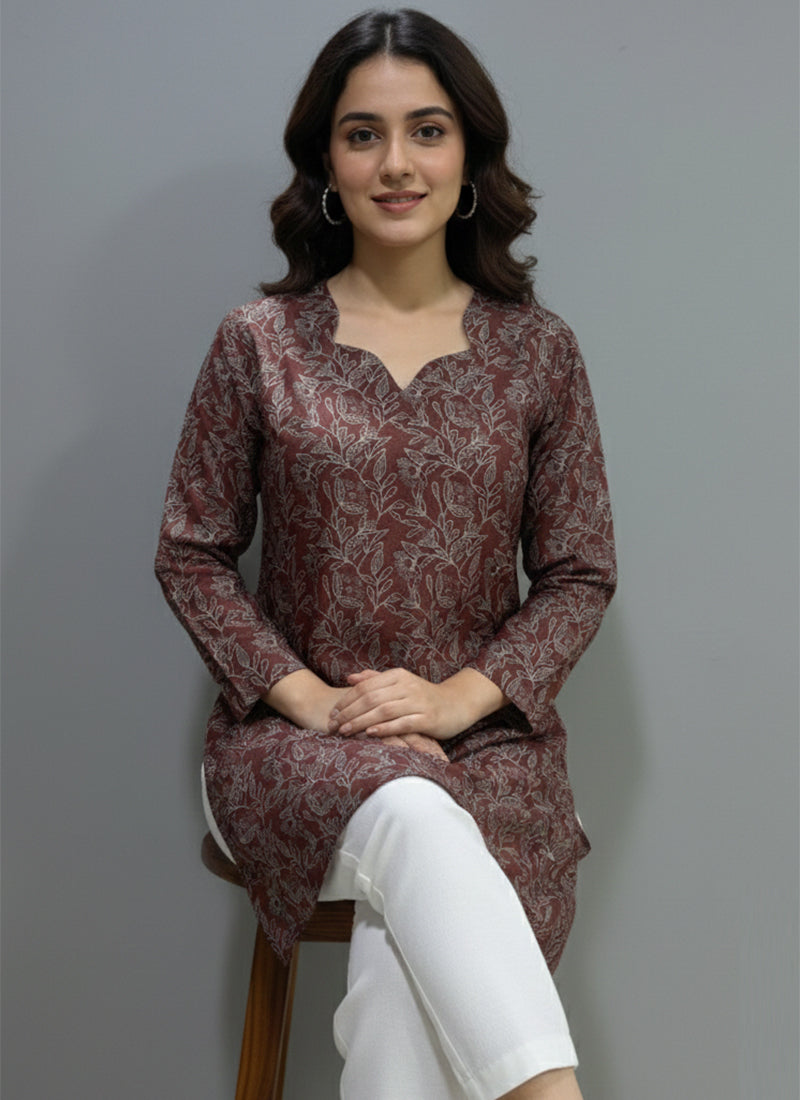 Brown Leaf Printed Muslin Casual Short Kurti