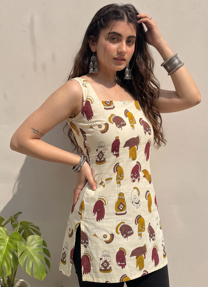Cream Cotton Sleeveless Outwear Kurti