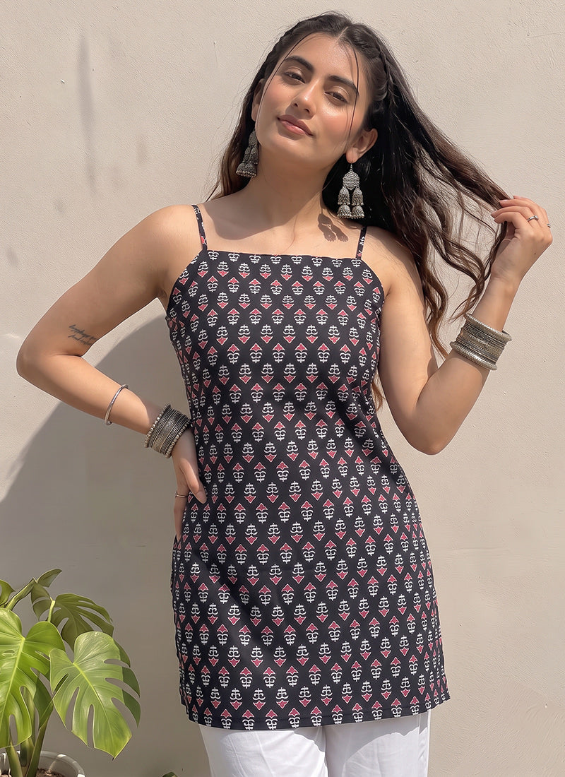 Black Cotton Printed Spaghetti Strap Kurti