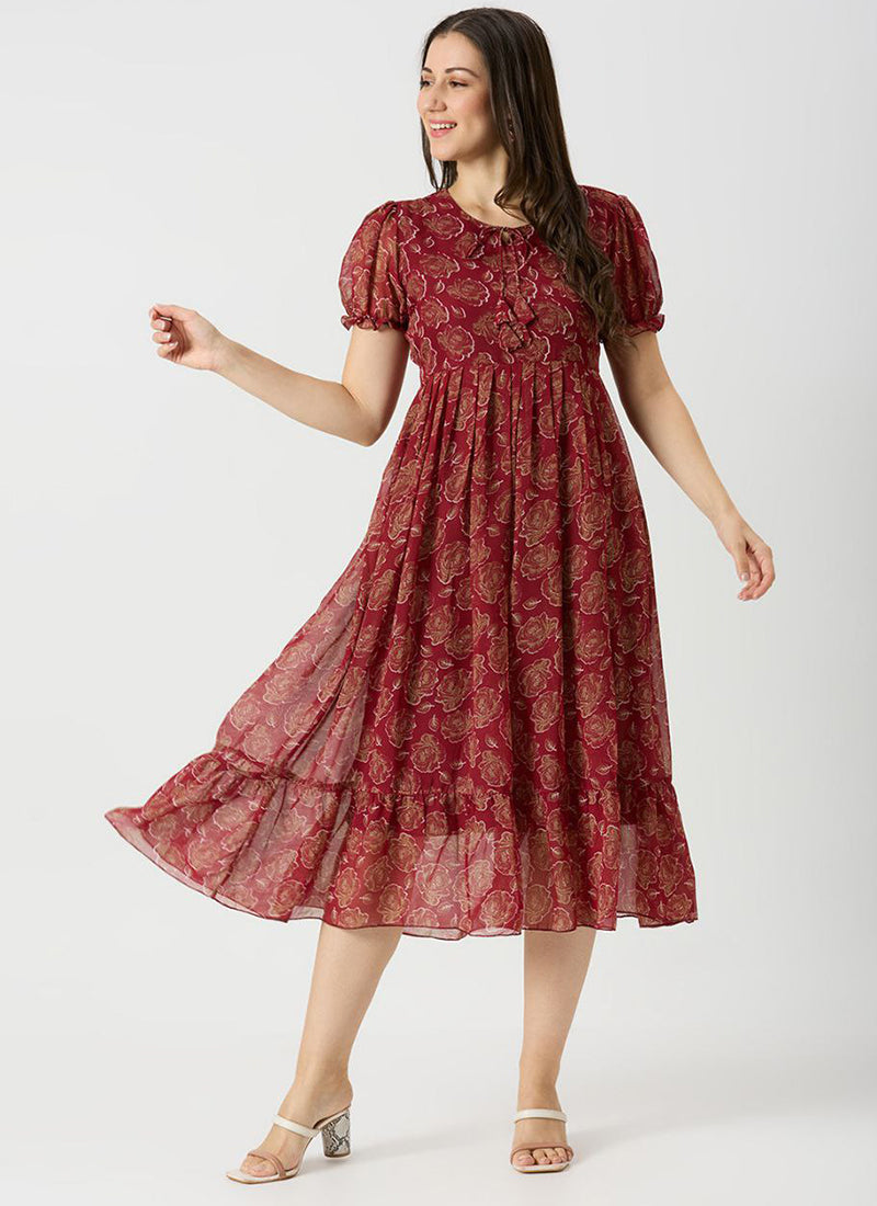 Georgette Maroon Rose Printed Midi Dress