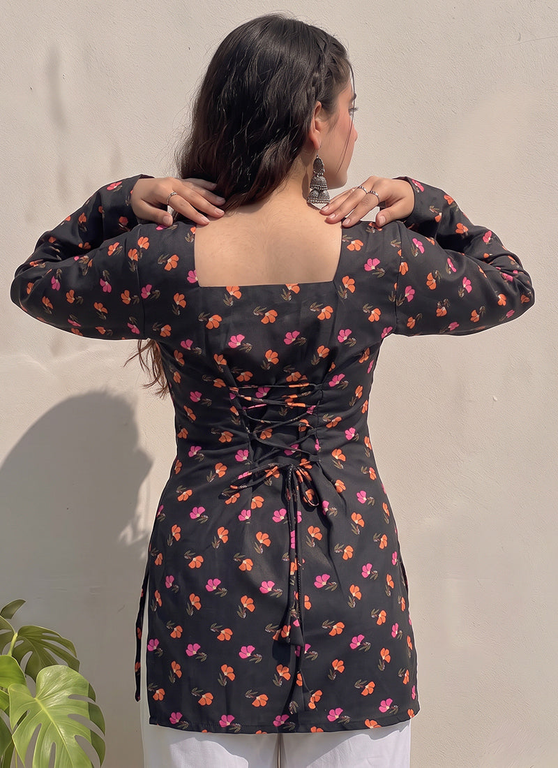 Black Cotton Printed Bell Sleeves Kurti