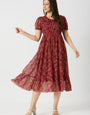 Georgette Maroon Rose Printed Midi Dress