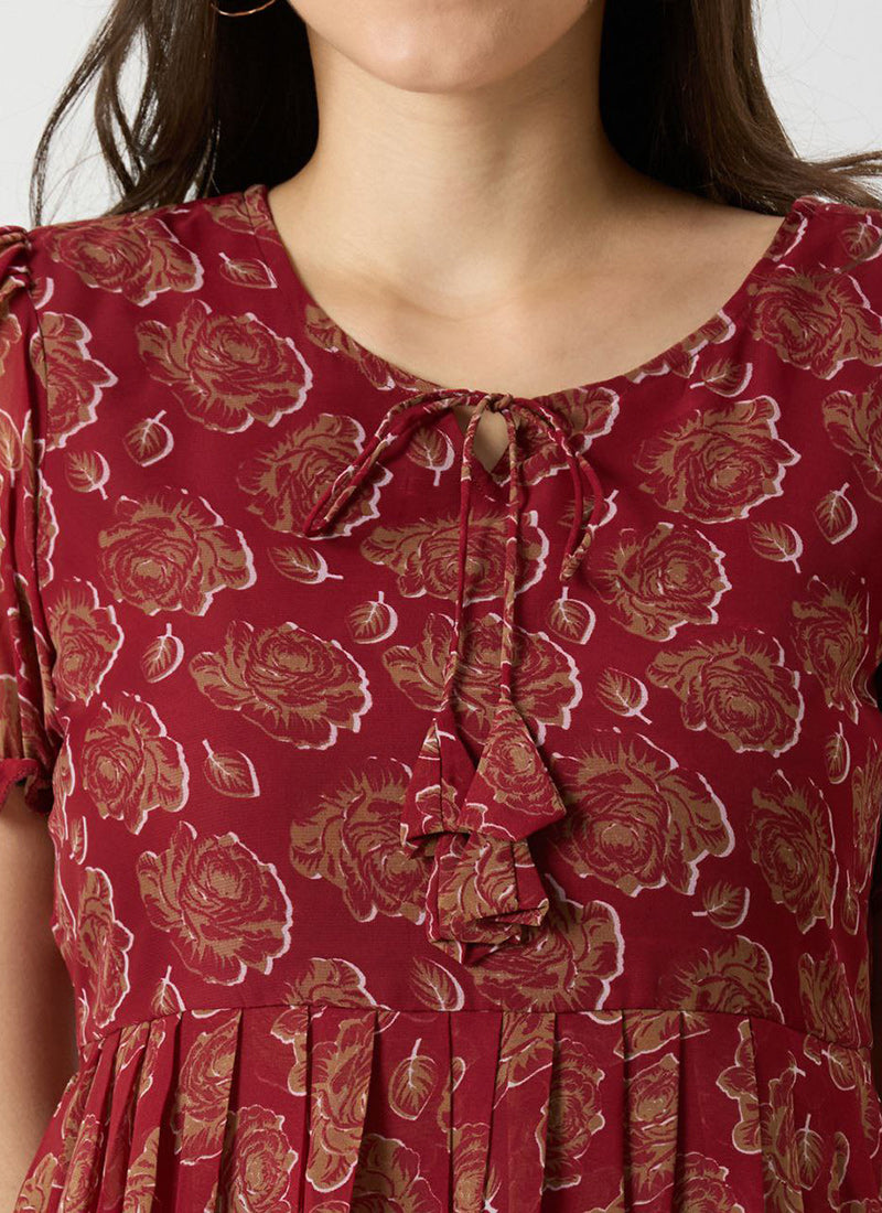 Georgette Maroon Rose Printed Midi Dress