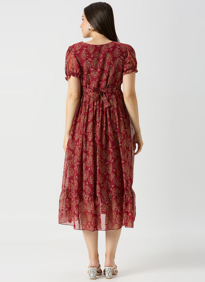 Georgette Maroon Rose Printed Midi Dress