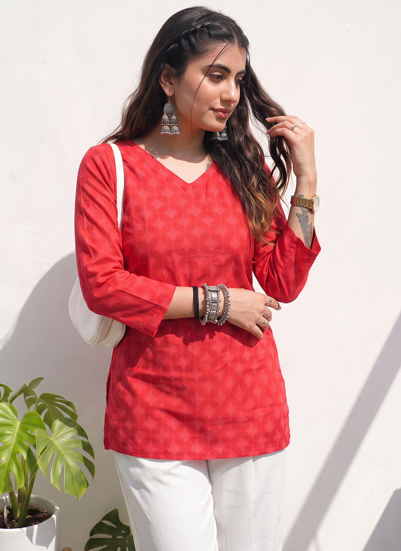 Red Cotton Printed V Neck Officewear Kurti