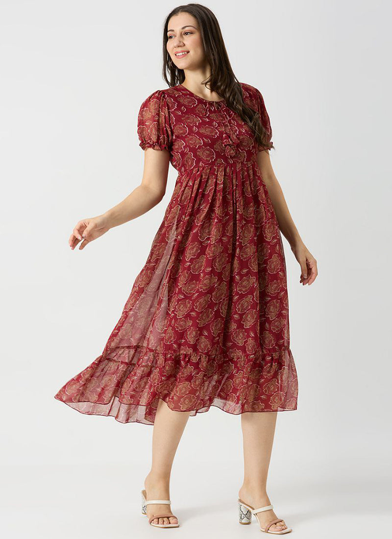 Georgette Maroon Rose Printed Midi Dress