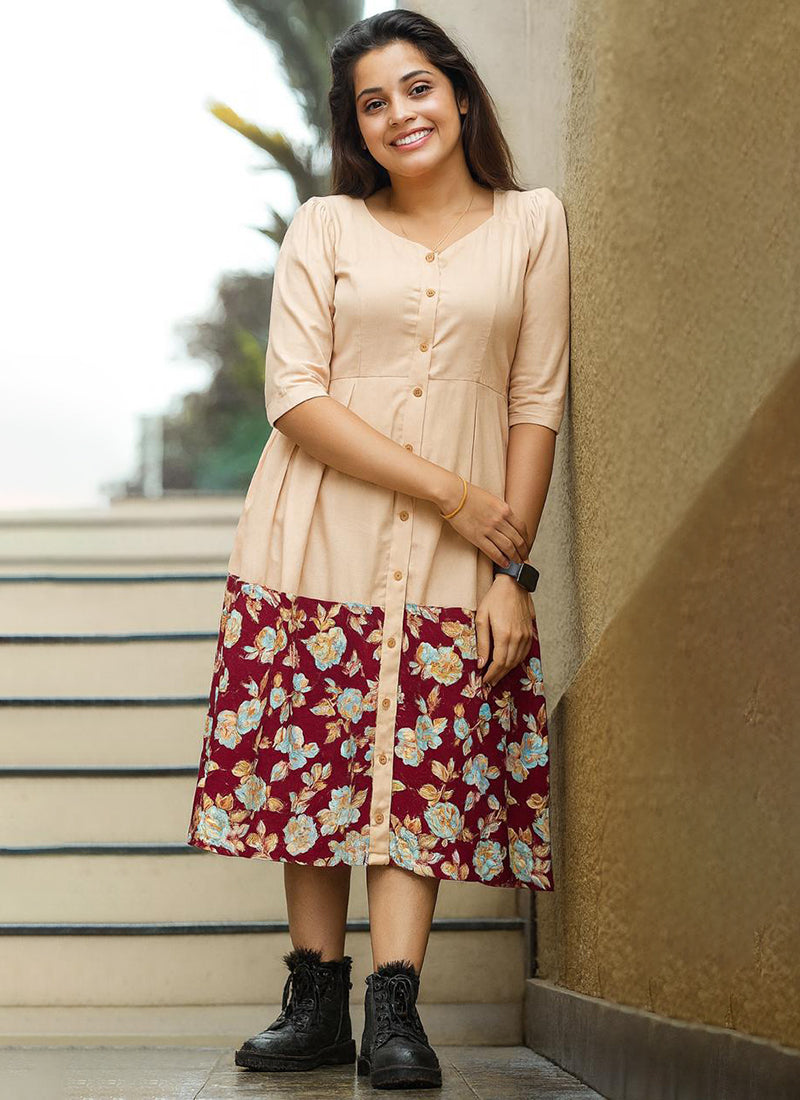 Beige Rayon Printed Outwear Midi Dress