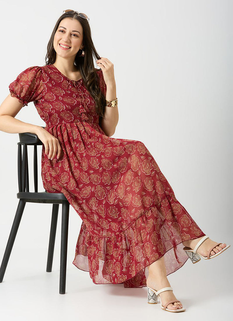 Georgette Maroon Rose Printed Midi Dress