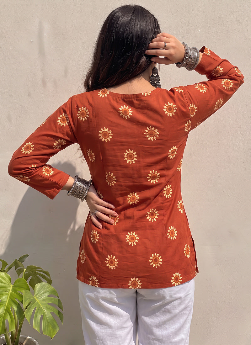 Orange Flower Printed Cotton V Neck Kurti