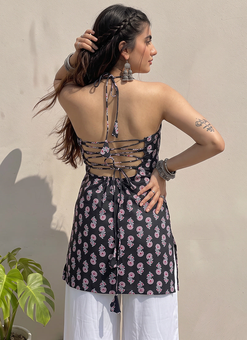 Black Cotton Printed Halter Neck Kurti