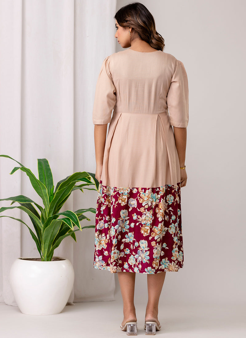 Beige Rayon Printed Outwear Midi Dress