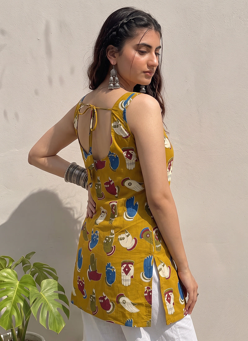 Mustard Cotton Printed Straight-Cut Kurti