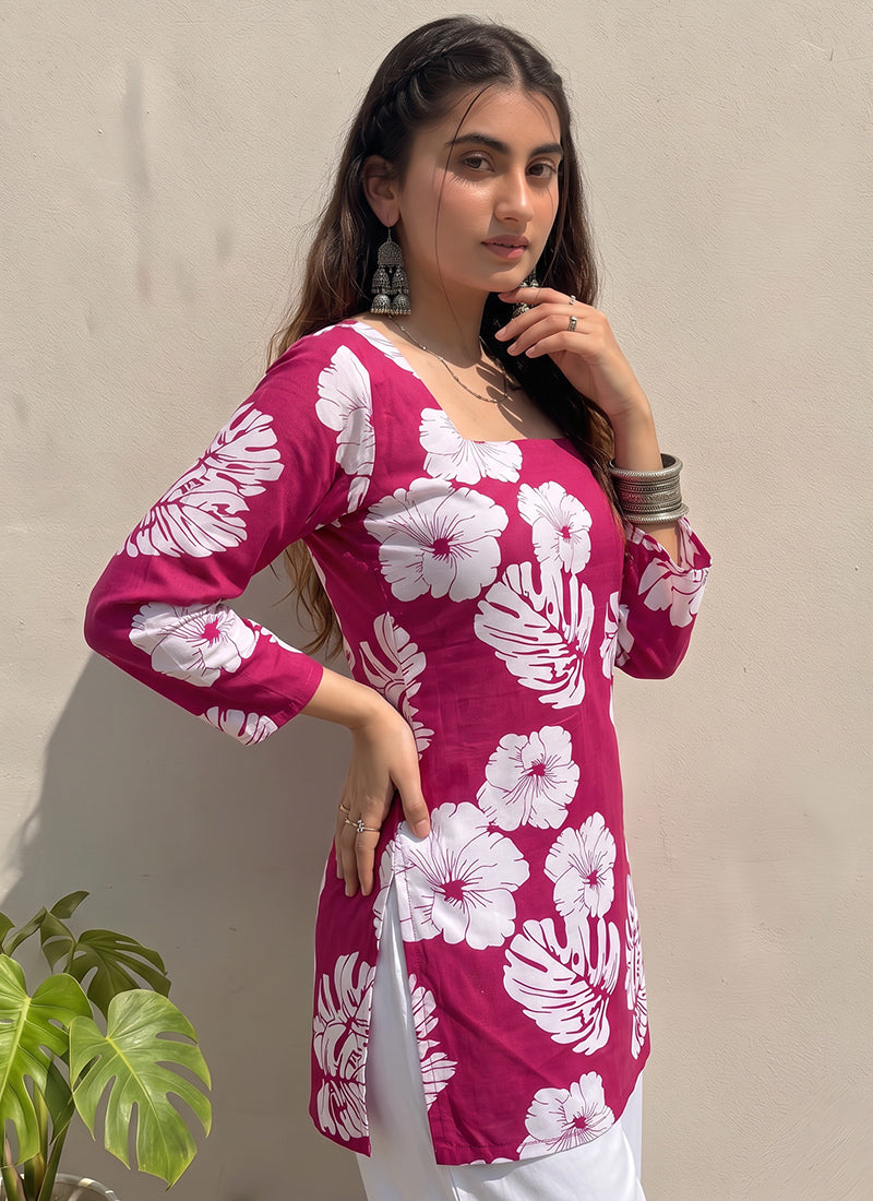 Pink Floral Printed Square Neck Cotton Kurti