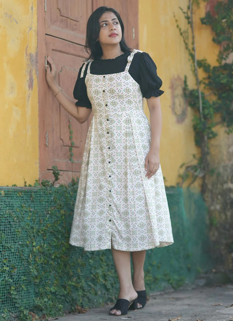 Cream Printed Two Piece Rayon Dungaree set