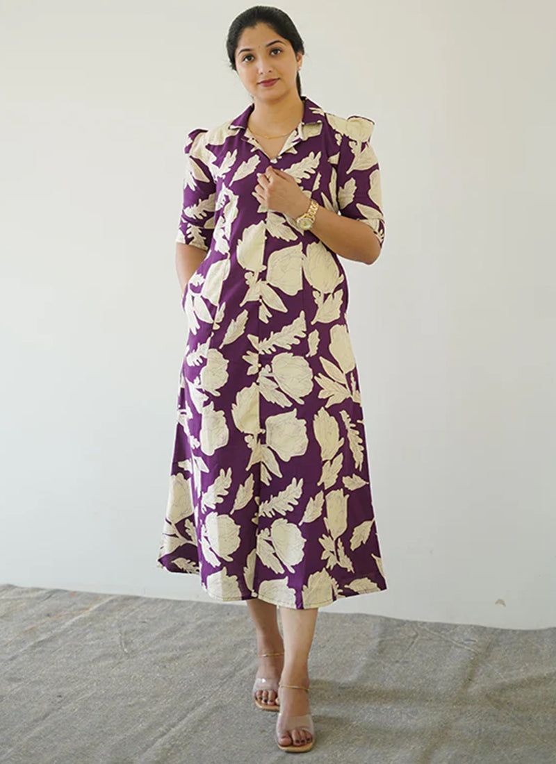Purple floral printed midi A line dress