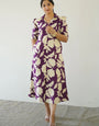 Purple floral printed midi A line dress