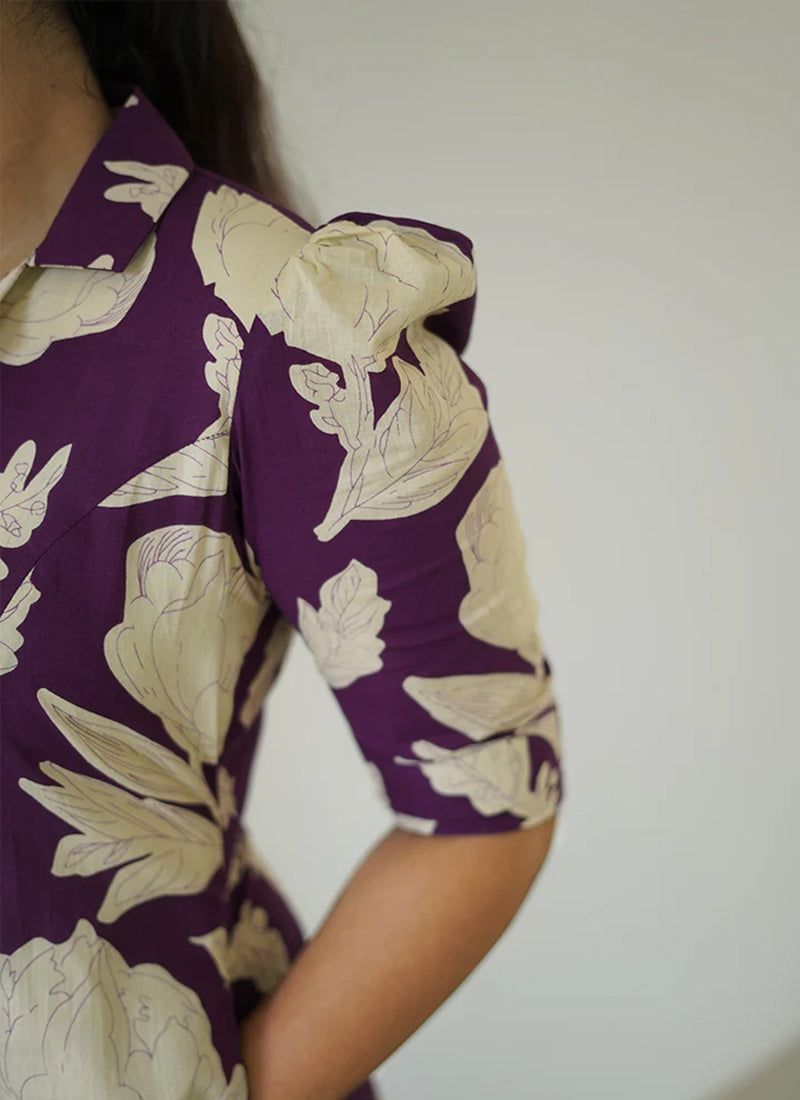 Purple floral printed midi A line dress