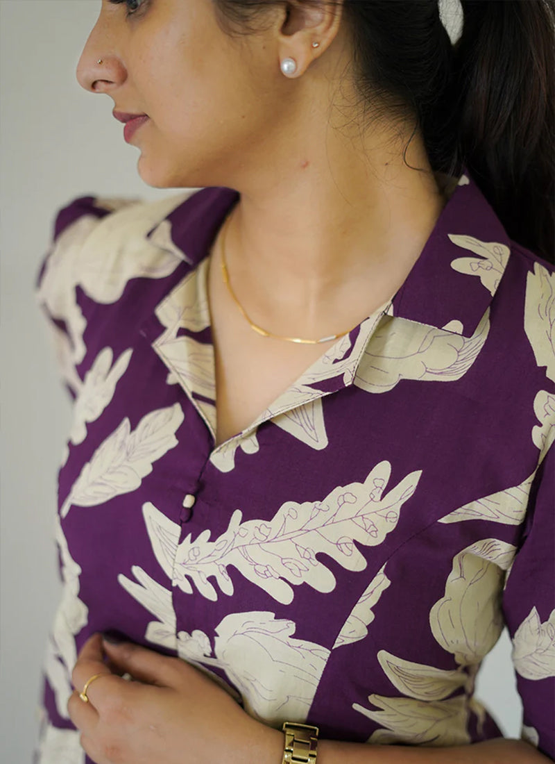 Purple floral printed midi A line dress