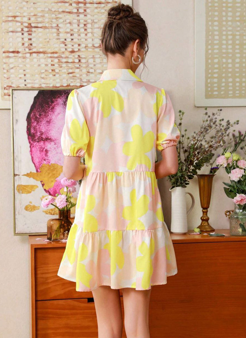 Yellow And Cream Cotton Printed One Piece Mini Dress