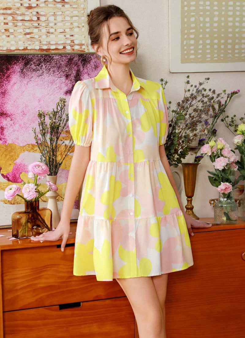 Yellow And Cream Cotton Printed One Piece Mini Dress