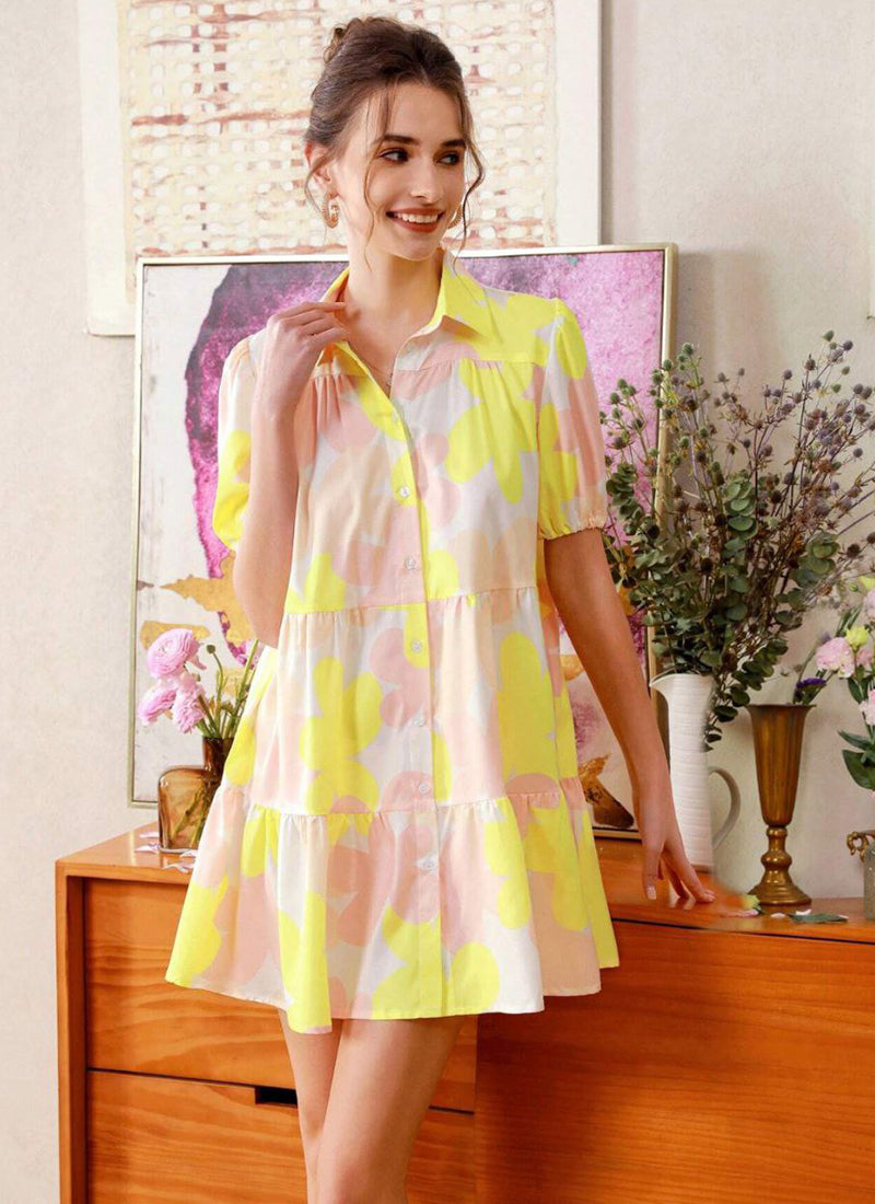 Yellow And Cream Cotton Printed One Piece Mini Dress