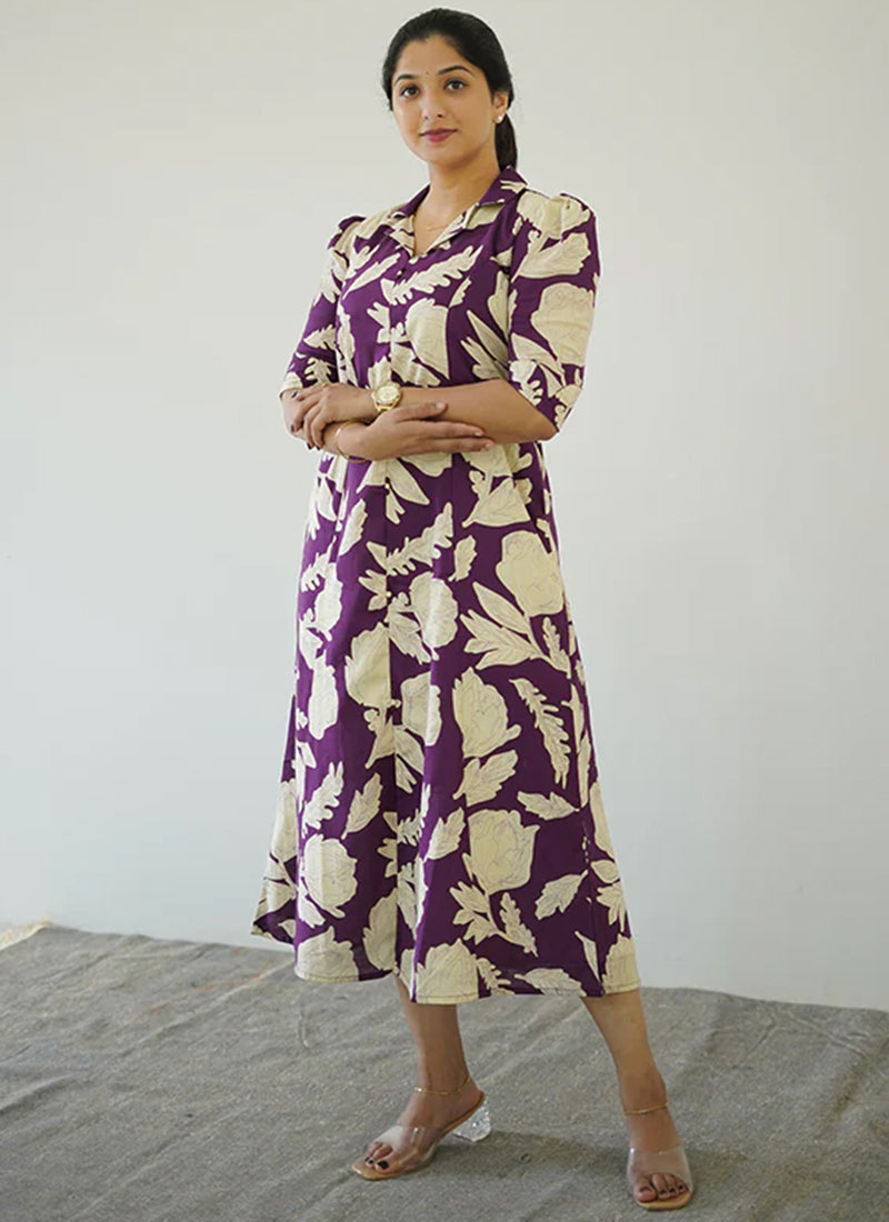 Purple floral printed midi A line dress