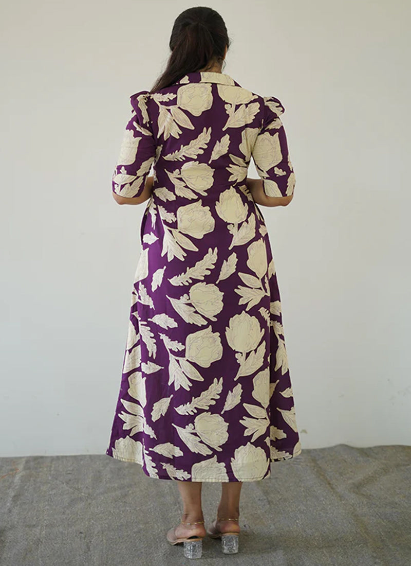 Purple floral printed midi A line dress