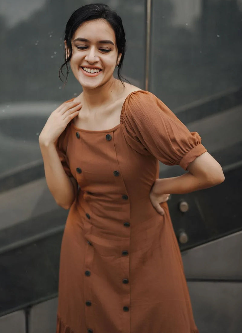 Brown Rayon Flary Party Wear Midi Dress