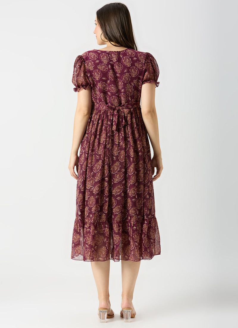 Wine Georgette Rose Printed Outwear Midi Dress