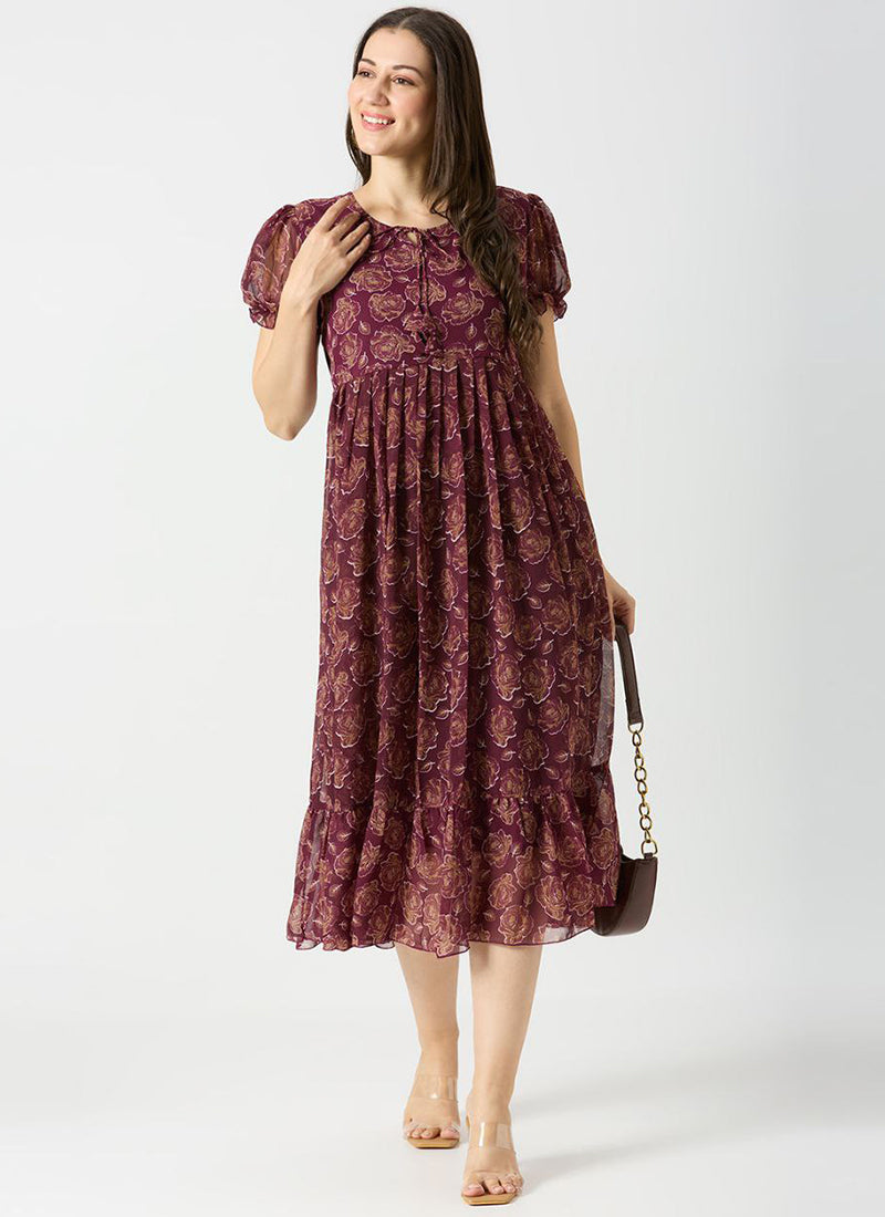 Wine Georgette Rose Printed Outwear Midi Dress