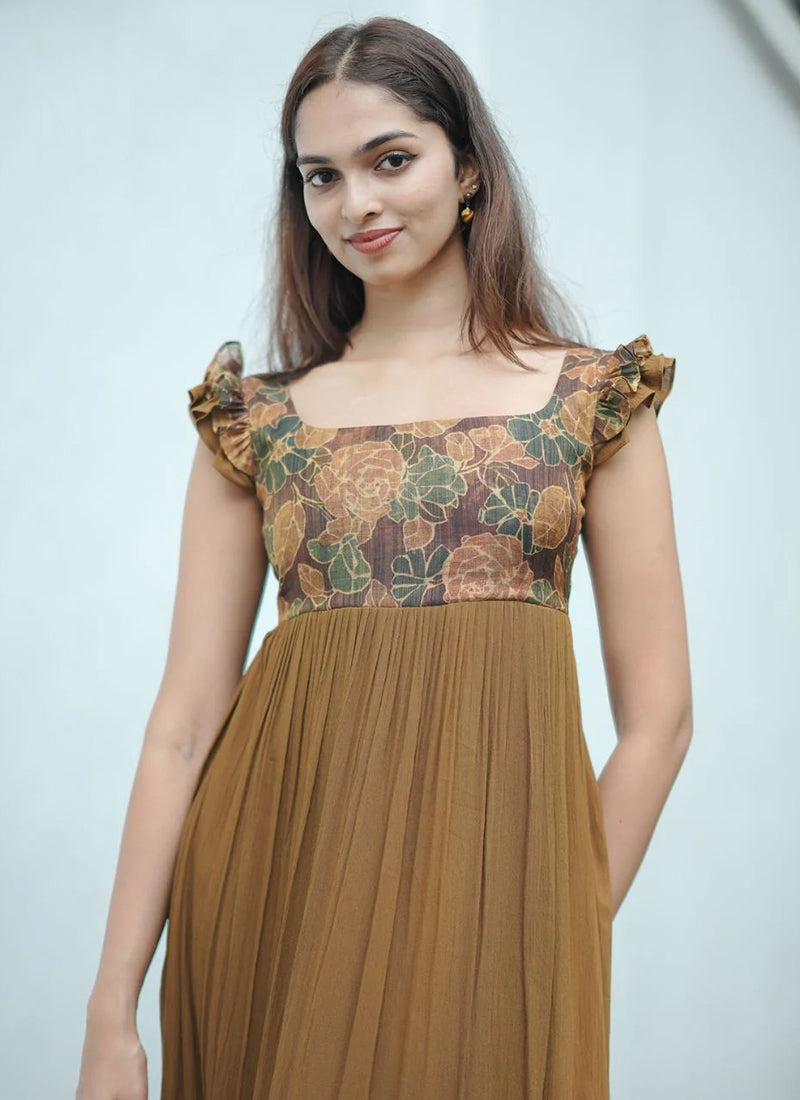 Floral Printed Brown Rayon Tiered Midi Dress