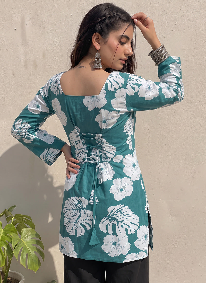 Teal Green Floral Printed Square Neck Cotton Kurti