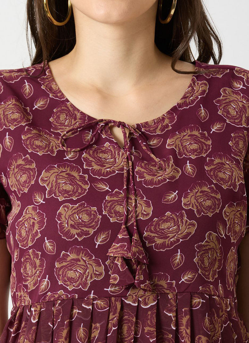 Wine Georgette Rose Printed Outwear Midi Dress