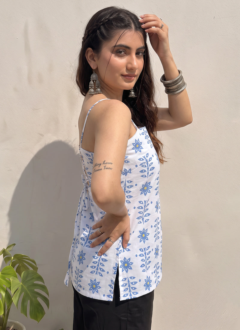 White Floral Printed Cotton Outwear Kurti