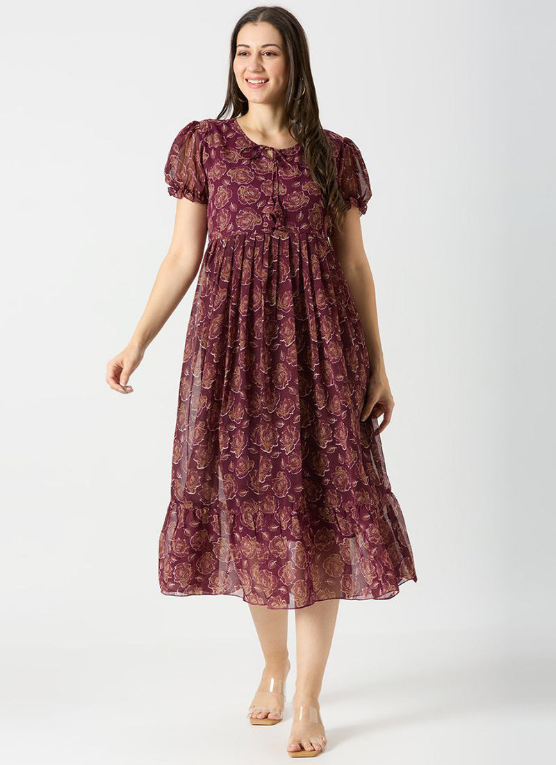 Wine Georgette Rose Printed Outwear Midi Dress