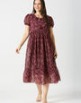 Wine Georgette Rose Printed Outwear Midi Dress