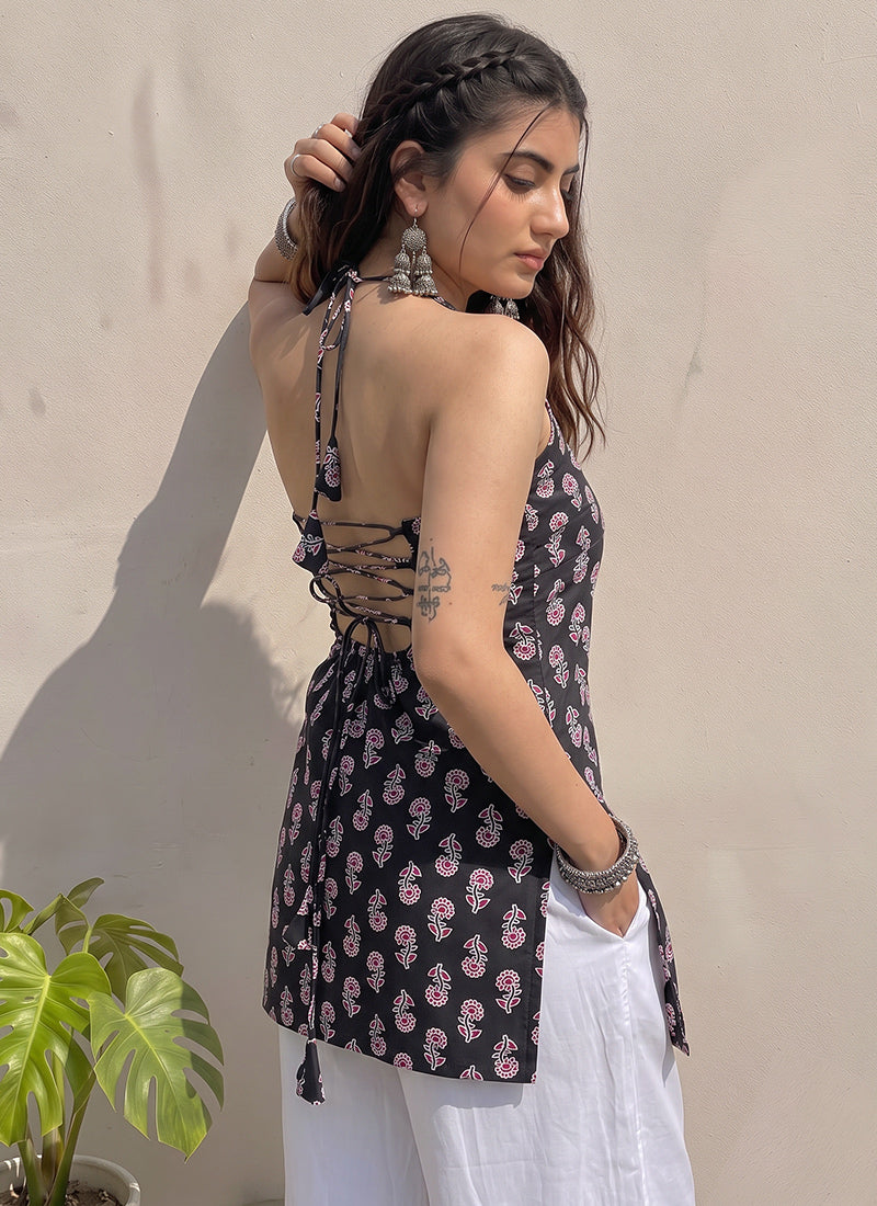 Black Cotton Printed Halter Neck Kurti