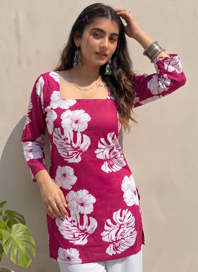Pink Floral Printed Square Neck Cotton Kurti