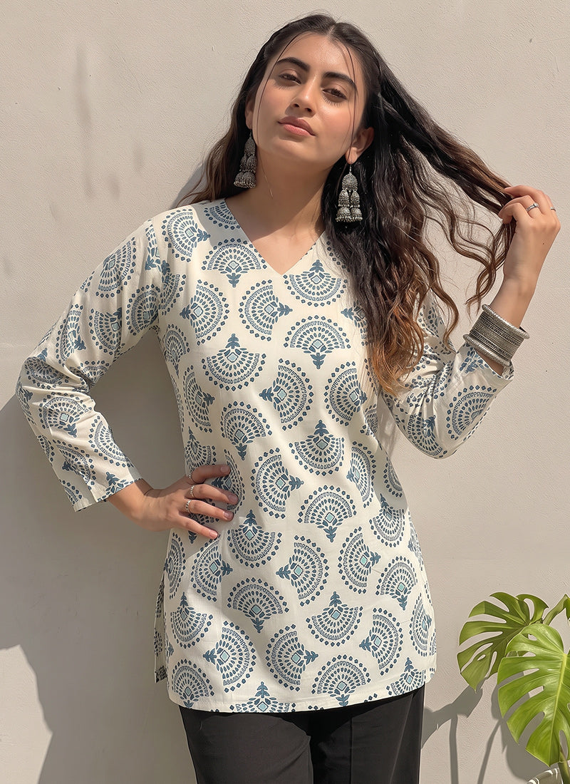 Off White And Green Printed Cotton Kurti