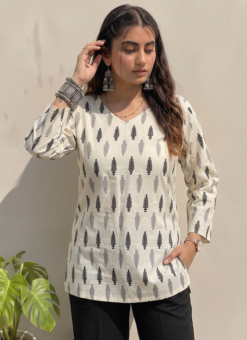 White And Black Cotton Printed Kurti