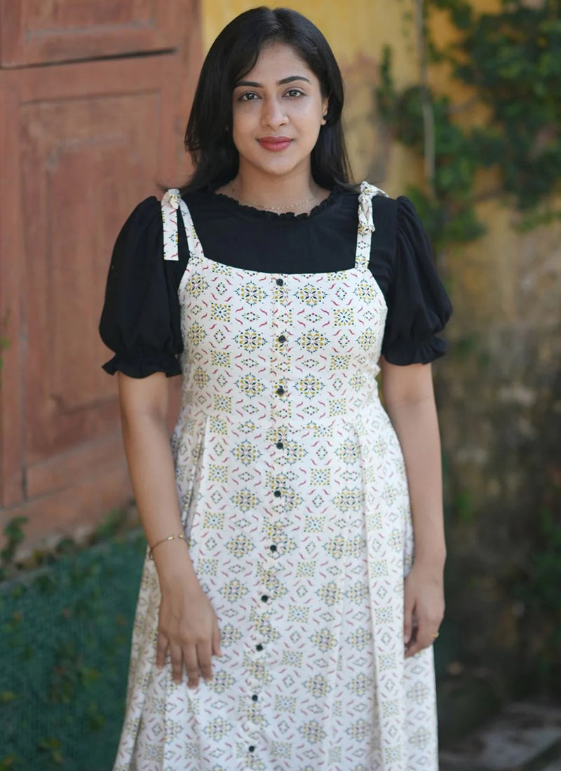 Cream Printed Two Piece Rayon Dungaree set