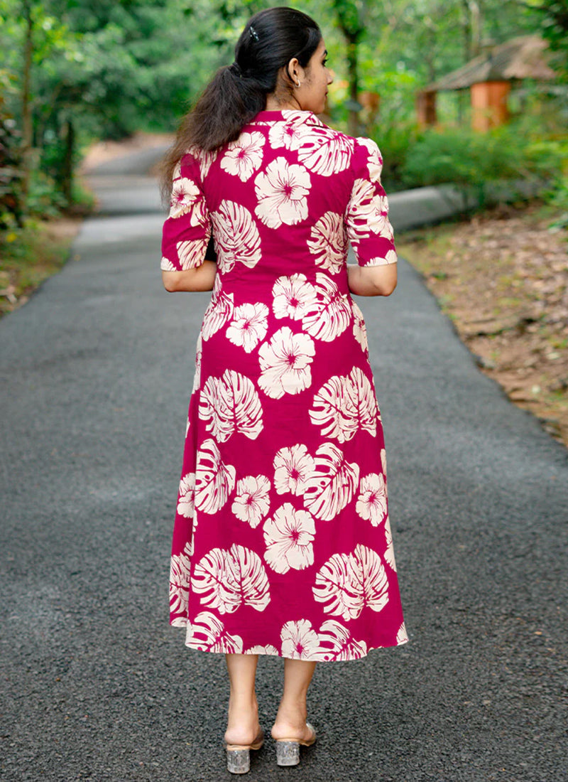 Red rayon printed midi dress