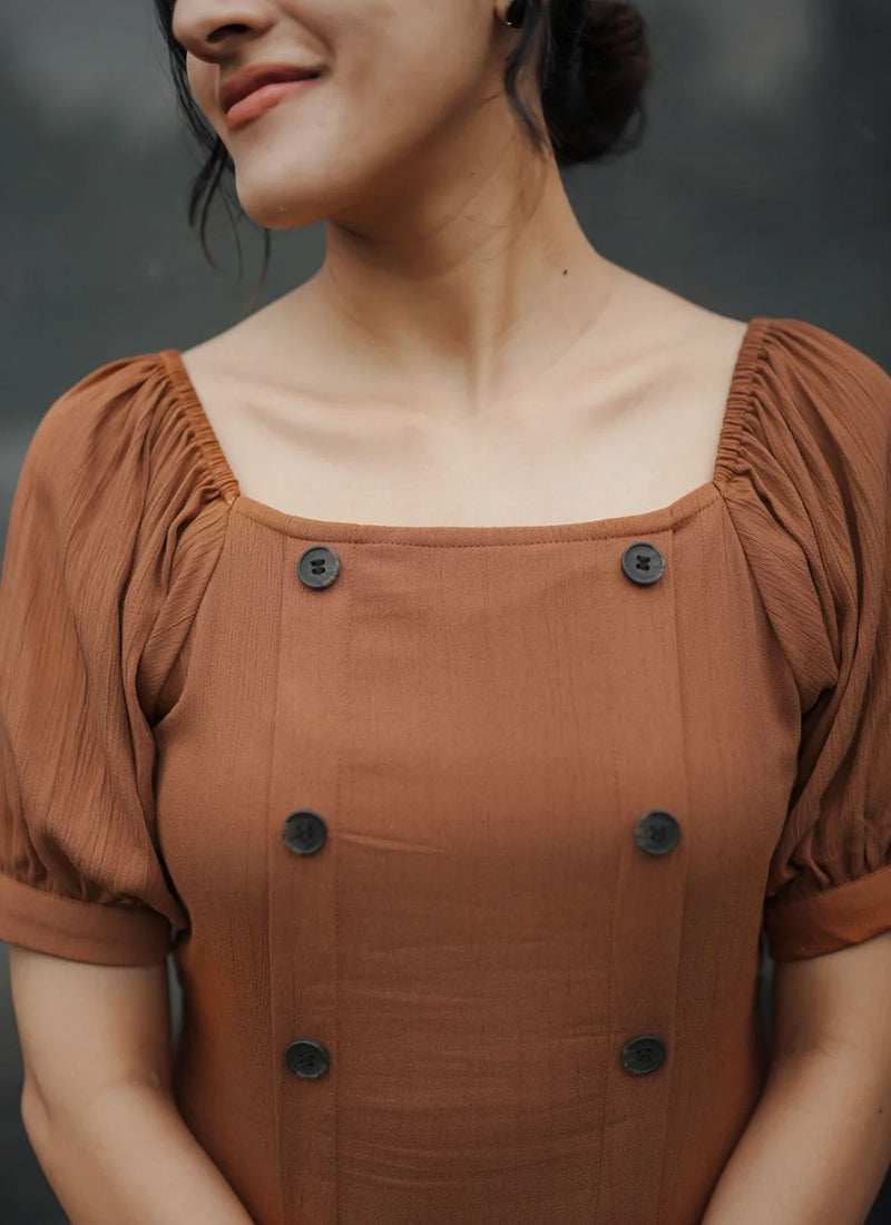 Brown Rayon Flary Party Wear Midi Dress