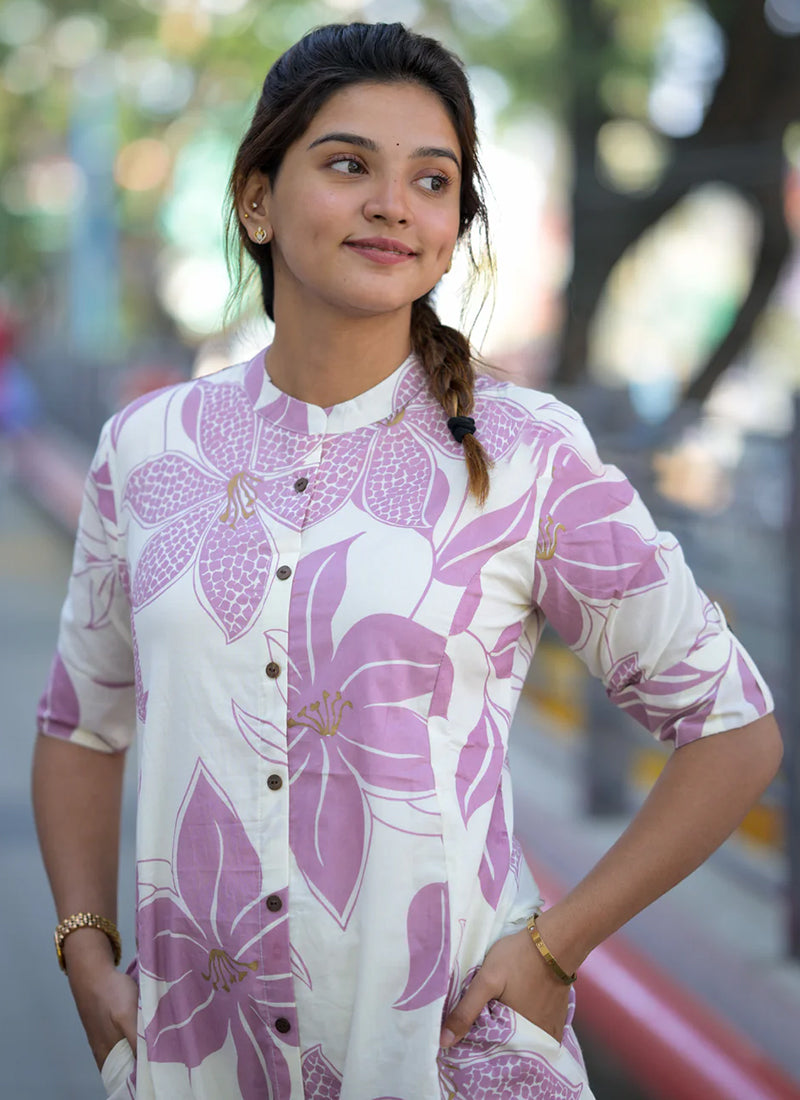 Pink Floral printed rayon cord set