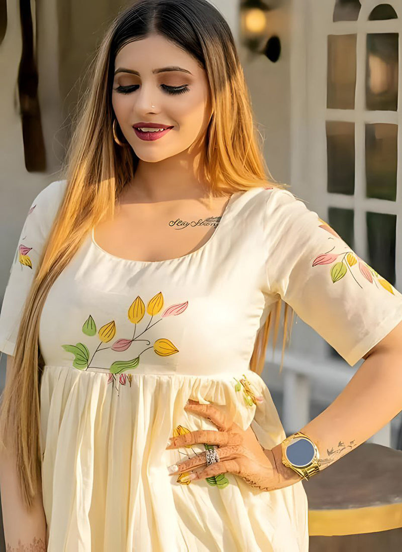 Off White Floral Printed Cotton Outwear Midi Dress