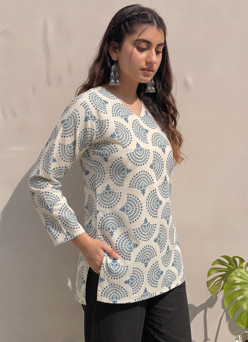 Off White And Green Printed Cotton Kurti